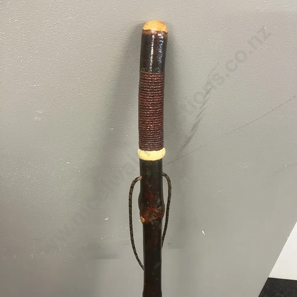 Vintage Wooden Walking Stick With Woven Detailing At Top & Leather Strap. H113cm Image 1++