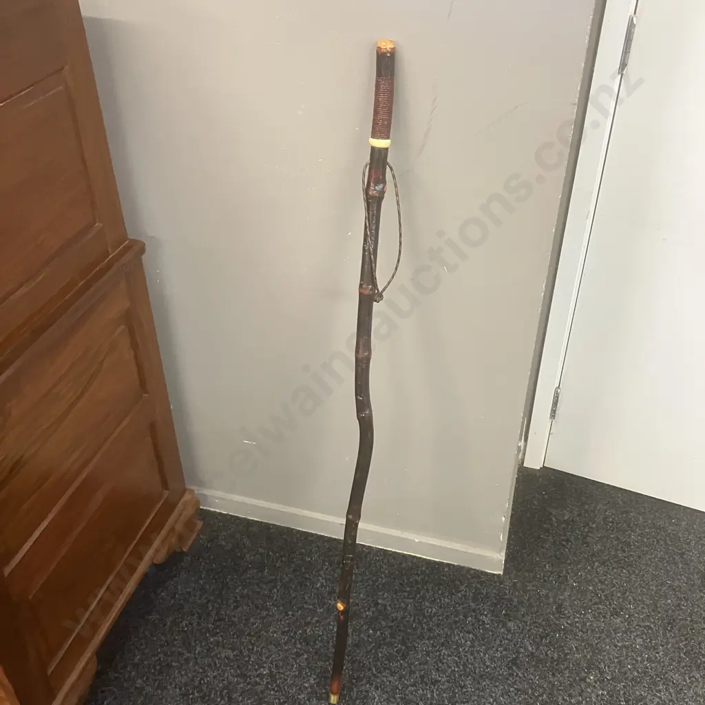 Vintage Wooden Walking Stick With Woven Detailing At Top & Leather Strap. H113cm Image 1++