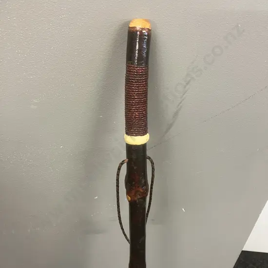 Vintage Wooden Walking Stick With Woven Detailing At Top & Leather Strap. H113cm