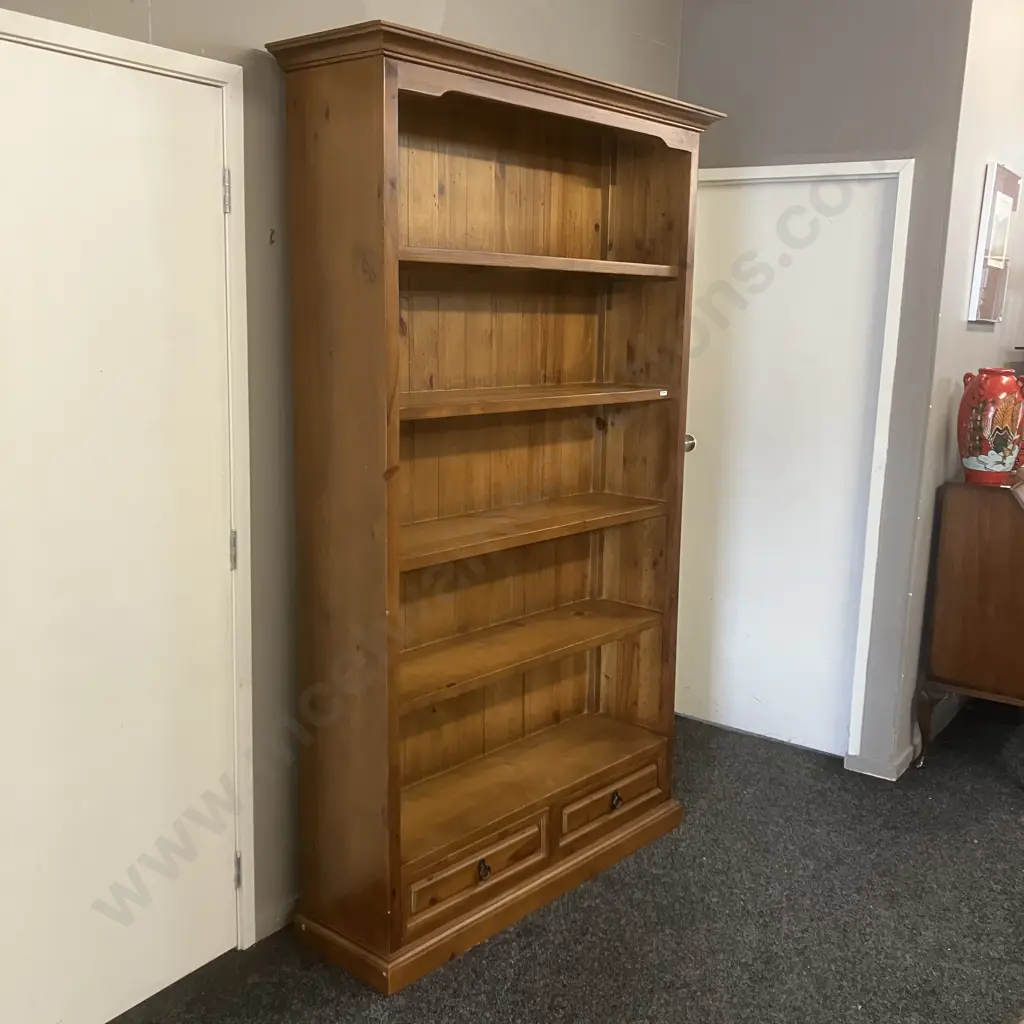 Large Recycled Pine Bookcase With 2 Drawers In Base, 4 Shelves. H211 W127 D37cm Image 1++