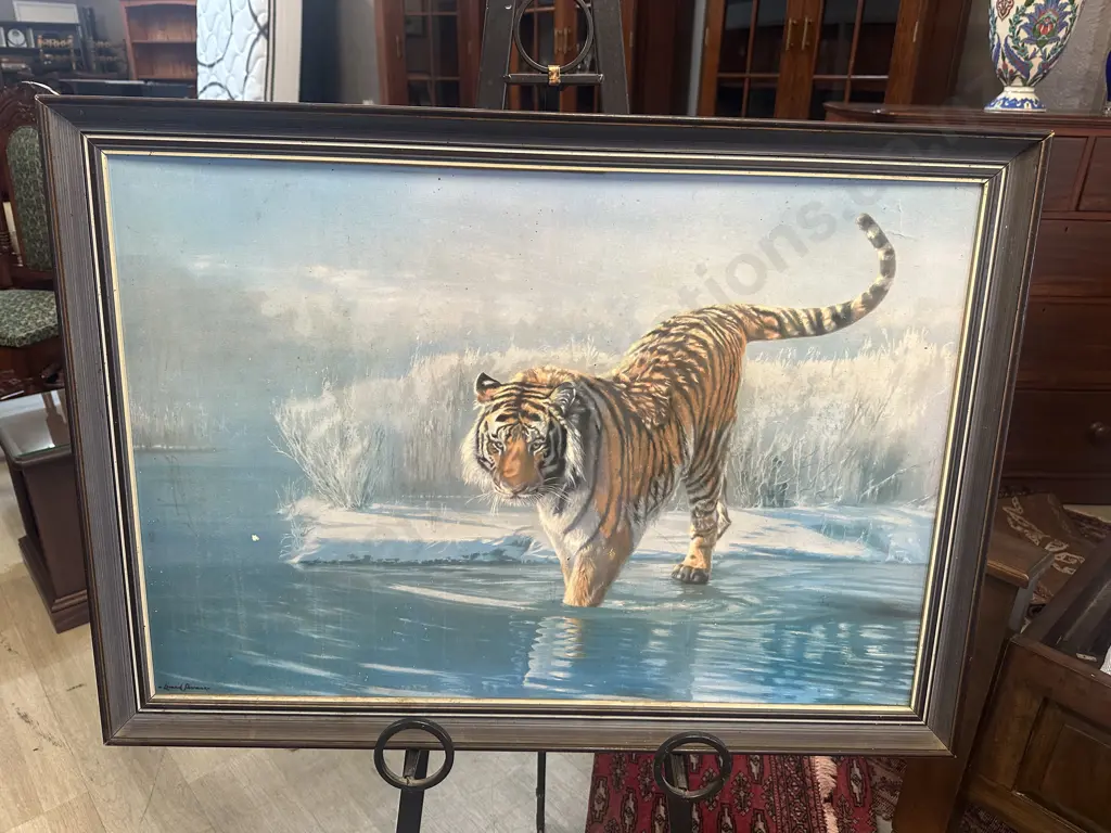 Signed By Leonard Pearmon Vintage Framed Artwork Titled Siberian Tiger 62x87cm. Image 1++