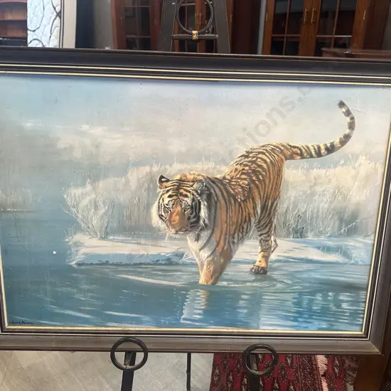 Signed By Leonard Pearmon Vintage Framed Artwork Titled Siberian Tiger 62x87cm.