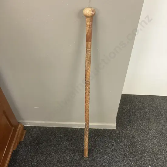 Heavily Carved Walking Stick With Knob Handle. H95.5cm
