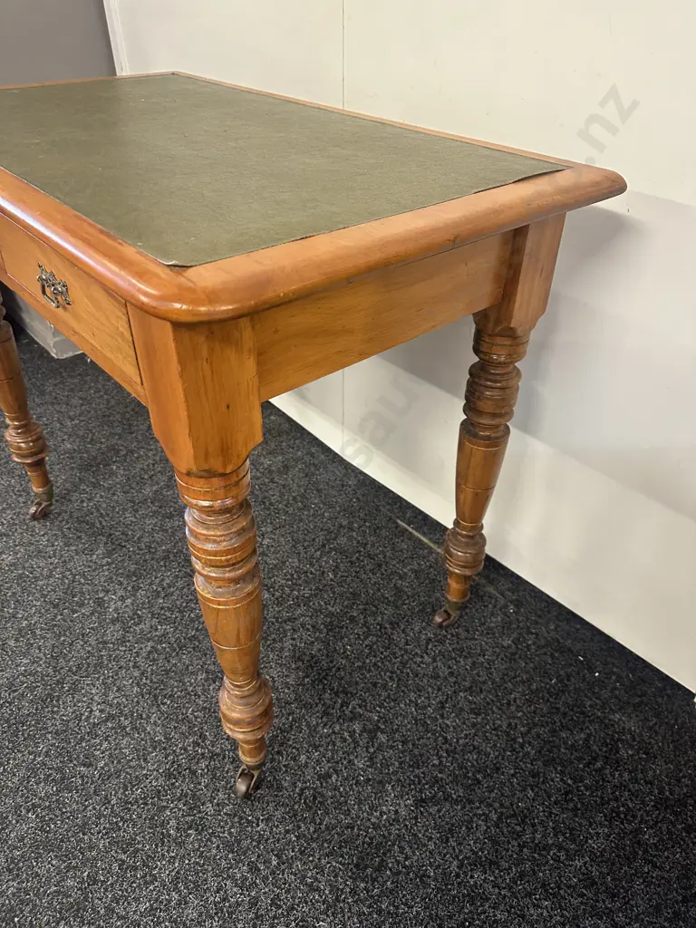 Kauri 2 Drawer Writing Table, Turned Legs, Bakelite Castors. H75 W93 D52cm Image 1++