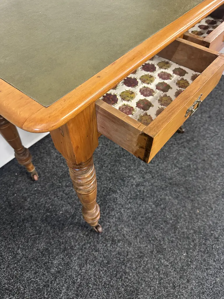 Kauri 2 Drawer Writing Table, Turned Legs, Bakelite Castors. H75 W93 D52cm Image 1++