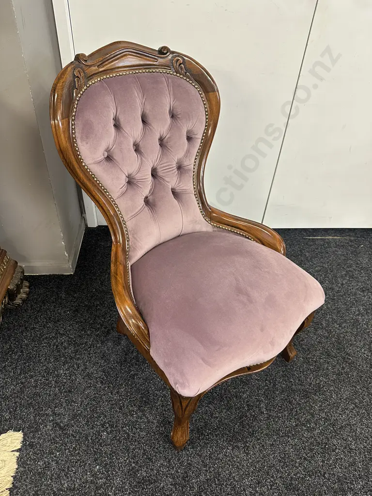 Victorian Style Mahogany Nursing Chair With Button Back, Domed & Lilac Coloured Upholstery Image 1++