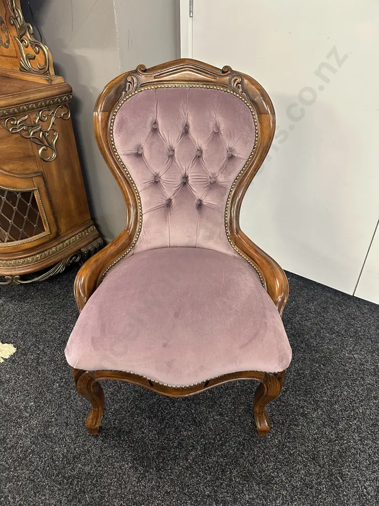 Victorian Style Mahogany Nursing Chair With Button Back, Domed & Lilac Coloured Upholstery Image 1++
