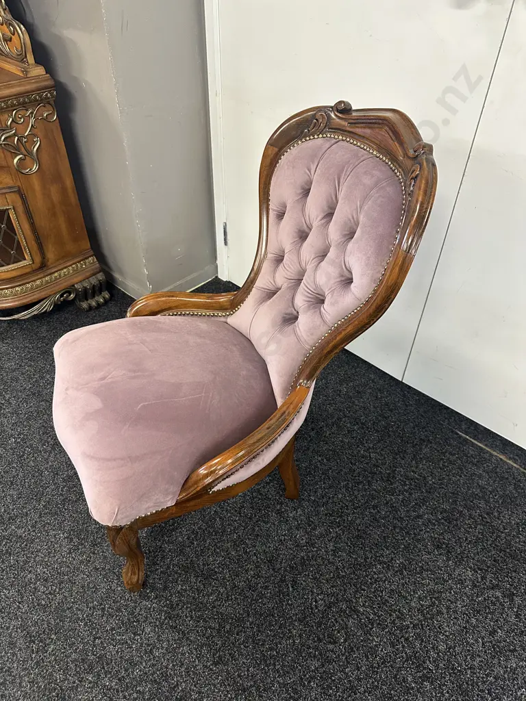 Victorian Style Mahogany Nursing Chair With Button Back, Domed & Lilac Coloured Upholstery Image 1++