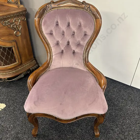 Victorian Style Mahogany Nursing Chair With Button Back, Domed & Lilac Coloured Upholstery
