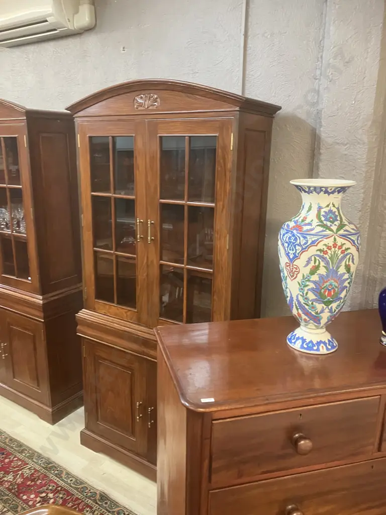 Modern Mahogany Glazed Bookcase On Double Door Base, Glass Doors, Domed & Carved Top. 2 Piece H208 W101 D39cm Image 1++