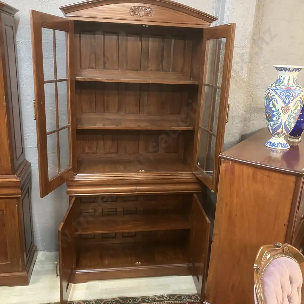 Modern Mahogany Glazed Bookcase On Double Door Base, Glass Doors, Domed & Carved Top. 2 Piece H208 W101 D39cm Image 1++