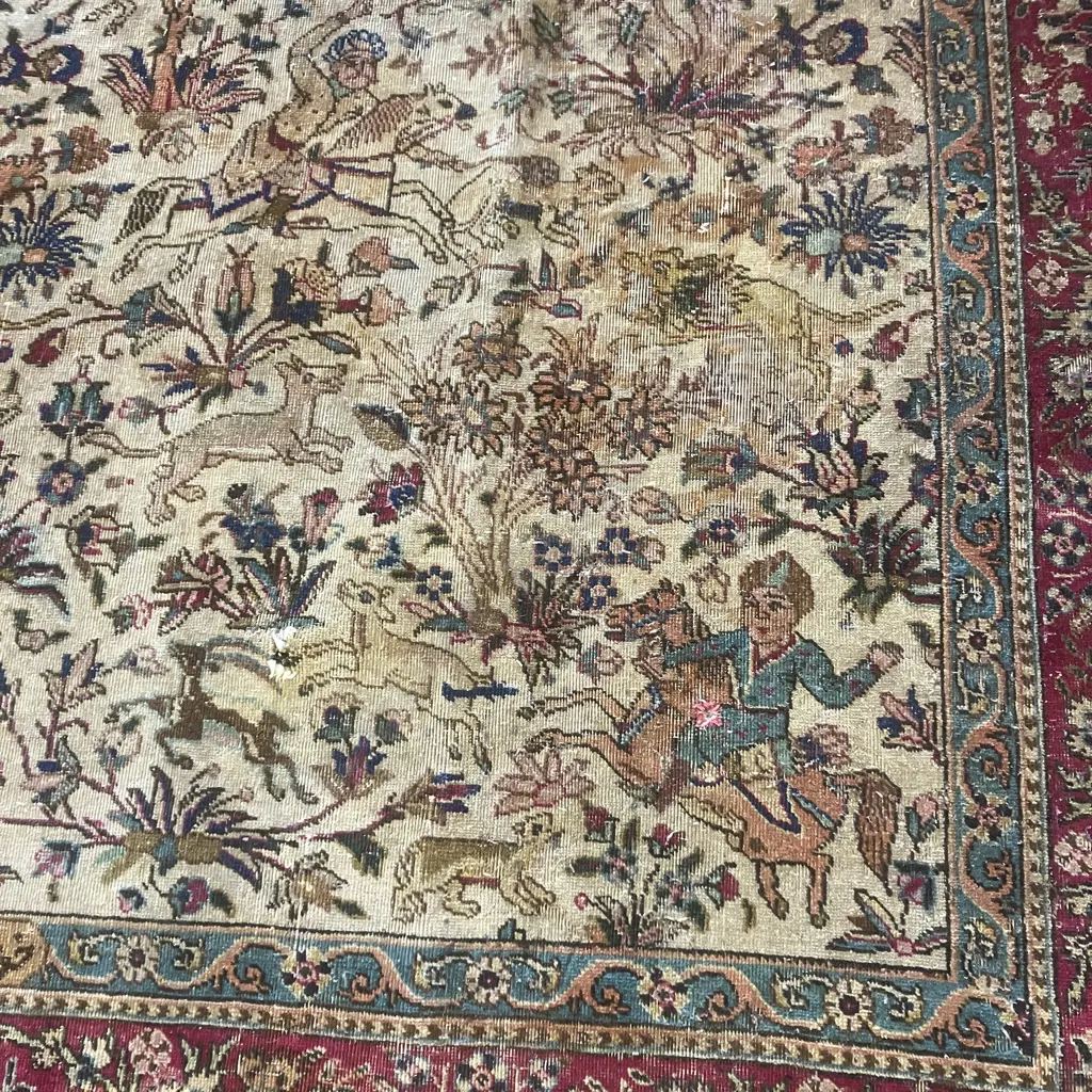 Large Vintage Persian Rug With Animal & Horse Hunting Patterns. 224 x 318cm (Been Repaired) Image 1++
