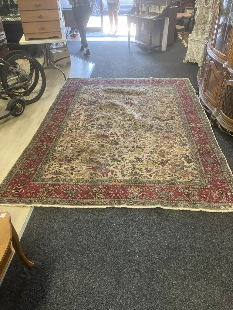 Large Vintage Persian Rug With Animal & Horse Hunting Patterns. 224 x 318cm (Been Repaired) Image 1++