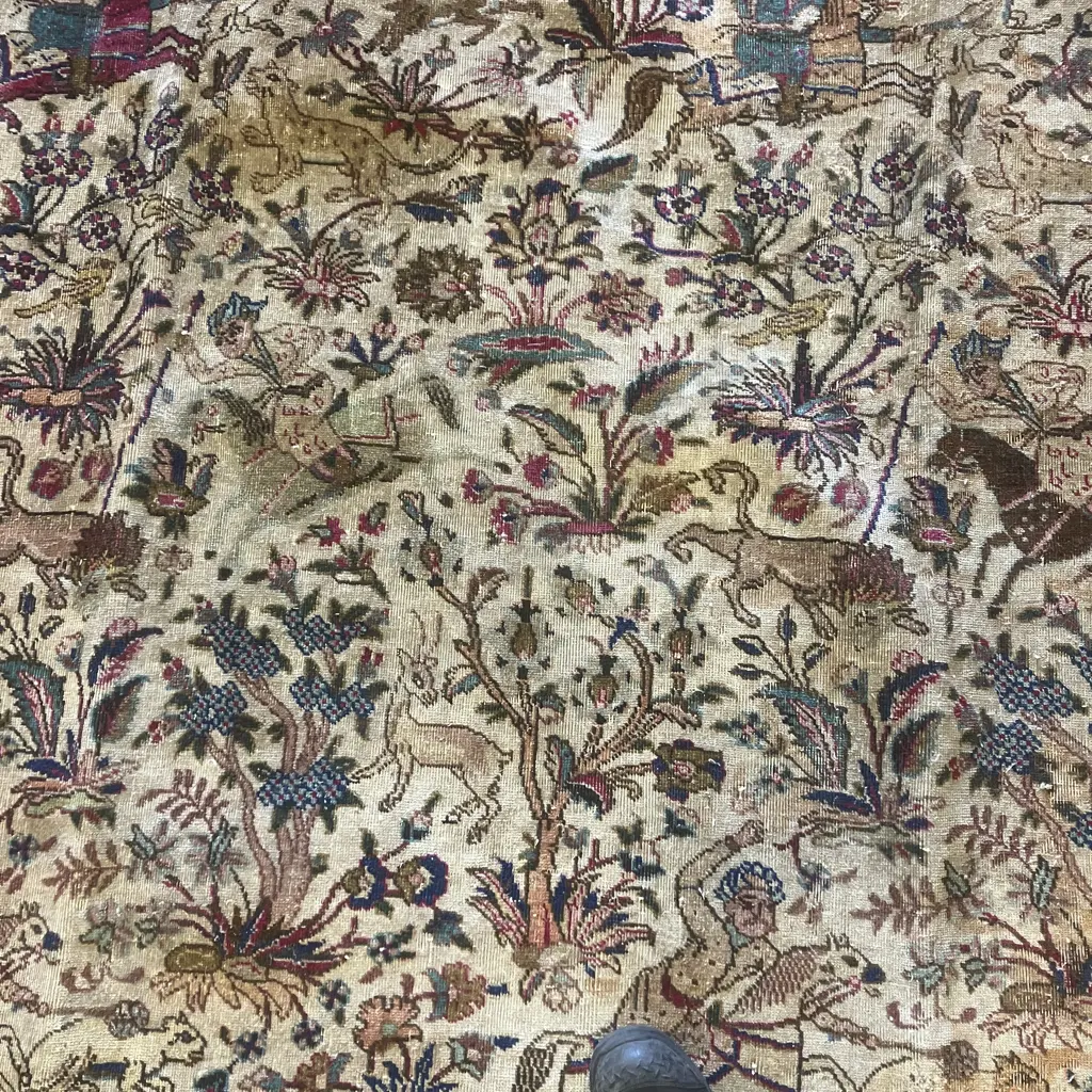 Large Vintage Persian Rug With Animal & Horse Hunting Patterns. 224 x 318cm (Been Repaired) Image 1++