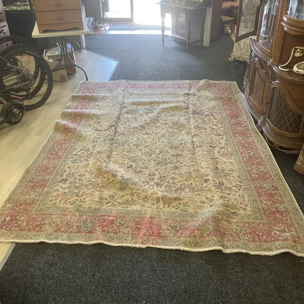 Large Vintage Persian Rug With Animal & Horse Hunting Patterns. 224 x 318cm (Been Repaired) Image 1++