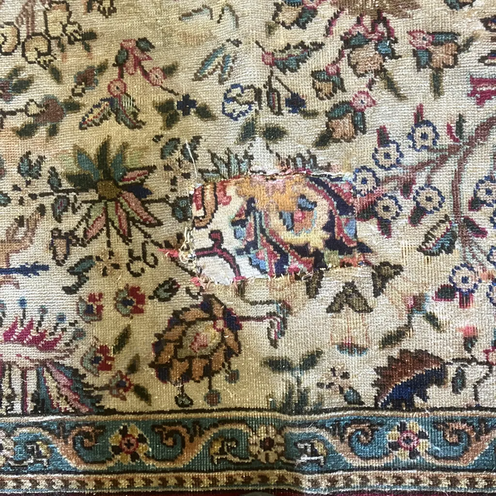 Large Vintage Persian Rug With Animal & Horse Hunting Patterns. 224 x 318cm (Been Repaired) Image 1++