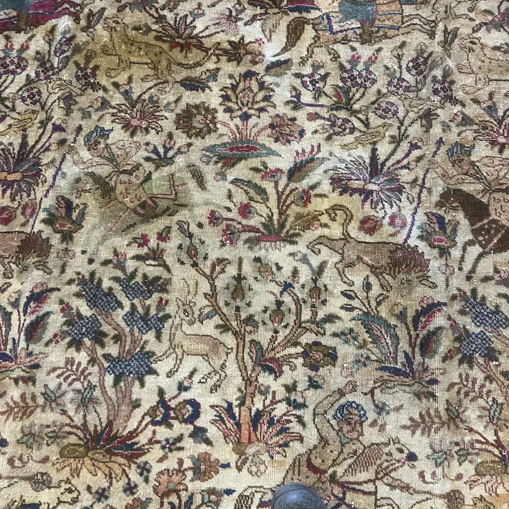 Large Vintage Persian Rug With Animal & Horse Hunting Patterns. 224 x 318cm (Been Repaired) Image 1++