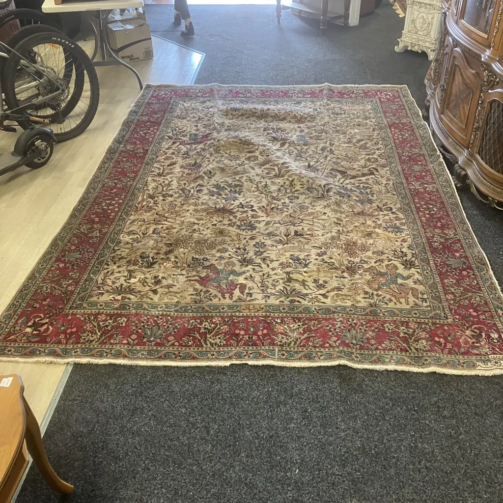 Large Vintage Persian Rug With Animal & Horse Hunting Patterns. 224 x 318cm (Been Repaired) Image 1++