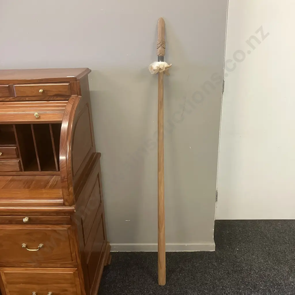 Wooden Maori Taiaha with Carved Head, Paua Detail Eyes, Feathers. L145cm Image 1++