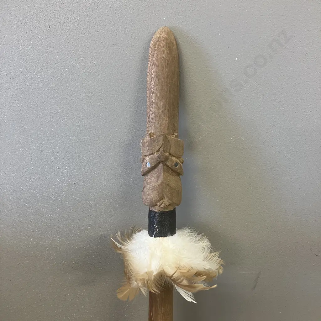 Wooden Maori Taiaha with Carved Head, Paua Detail Eyes, Feathers. L145cm Image 1++