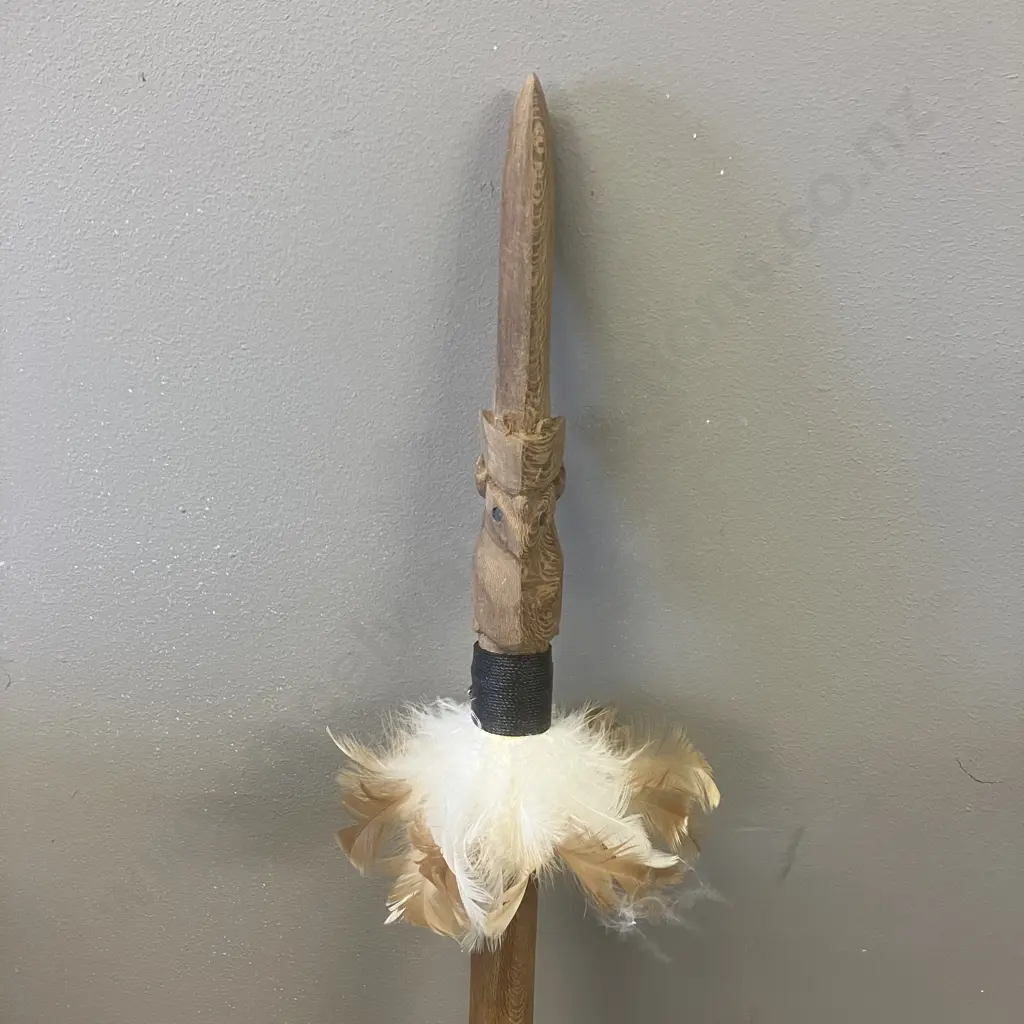 Wooden Maori Taiaha with Carved Head, Paua Detail Eyes, Feathers. L145cm Image 1++