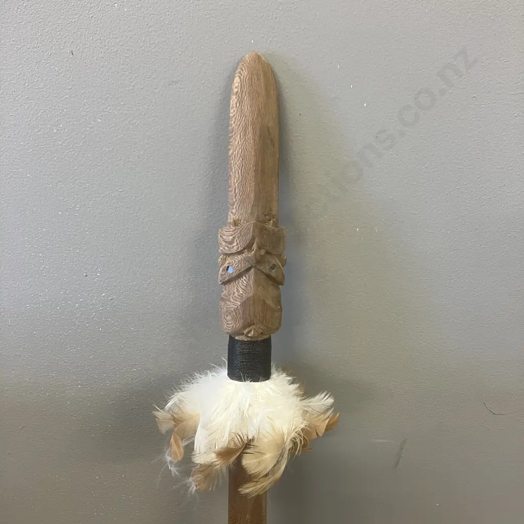 Wooden Maori Taiaha with Carved Head, Paua Detail Eyes, Feathers. L145cm Image 1++
