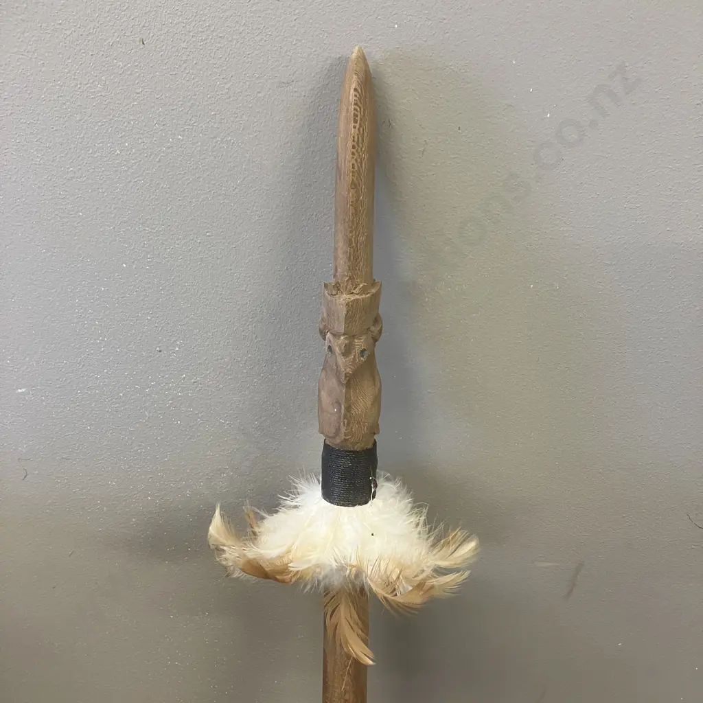 Wooden Maori Taiaha with Carved Head, Paua Detail Eyes, Feathers. L145cm Image 1++