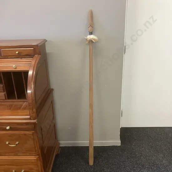 Wooden Maori Taiaha with Carved Head, Paua Detail Eyes, Feathers. L145cm