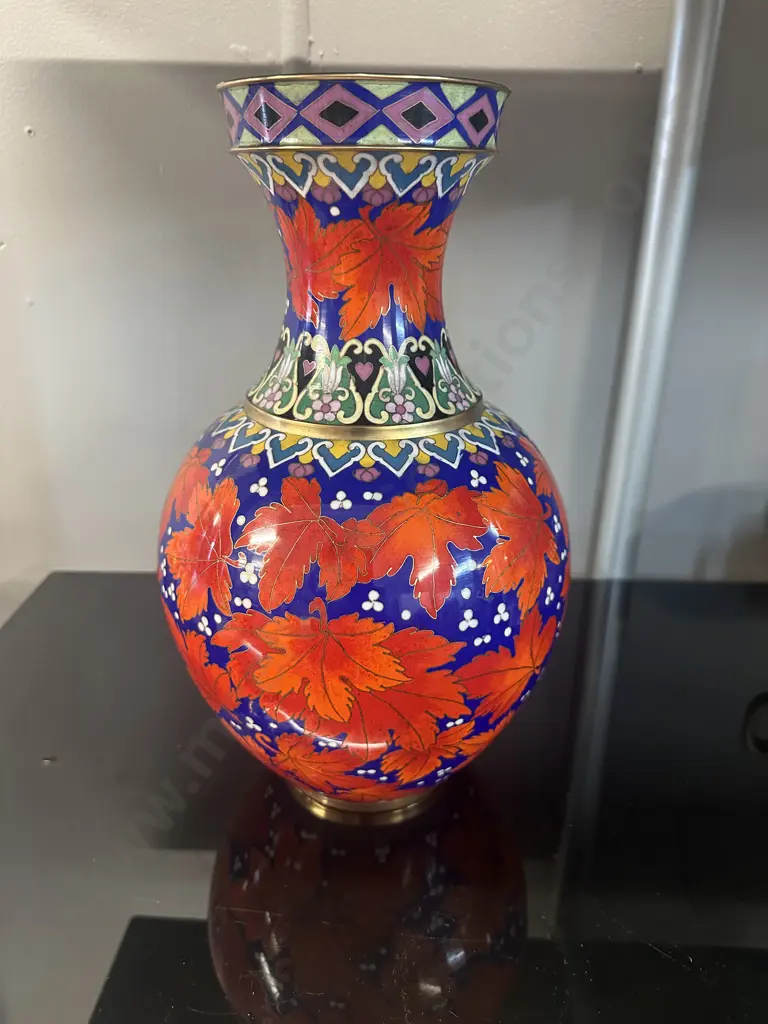Cloisonne Vase Orange Leaf & Blue/Brass Detail H31cm Image 1++