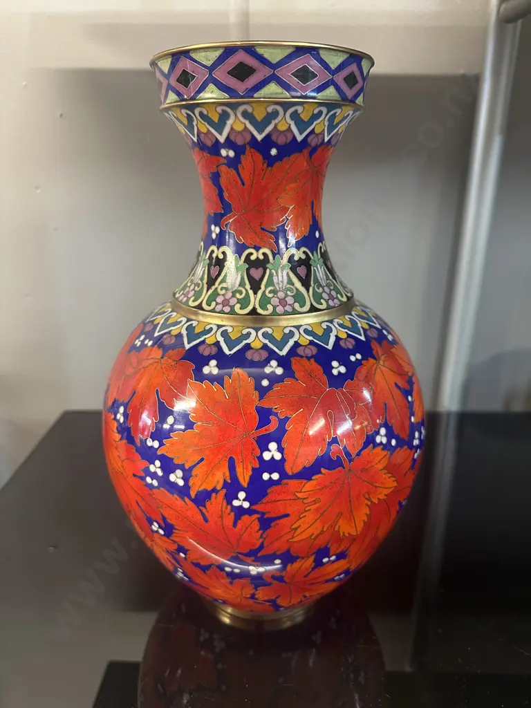 Cloisonne Vase Orange Leaf & Blue/Brass Detail H31cm Image 1++