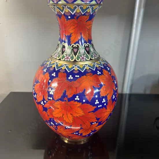 Cloisonne Vase Orange Leaf & Blue/Brass Detail H31cm