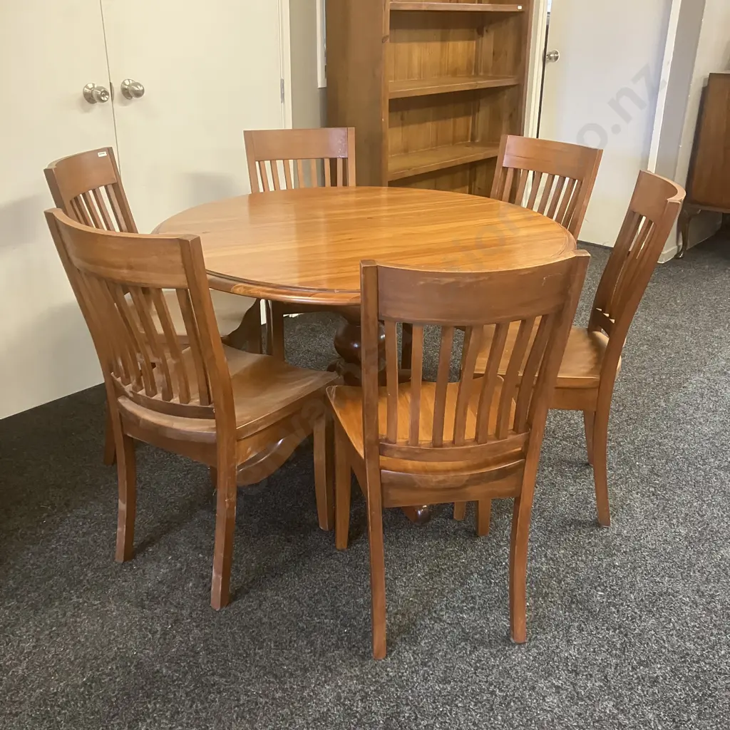 Round Rimu Pedestal Dining Table (76 x 119cm) With Set of 6 Wooden Vertical Slat Curved Back Dining Chairs Image 1++