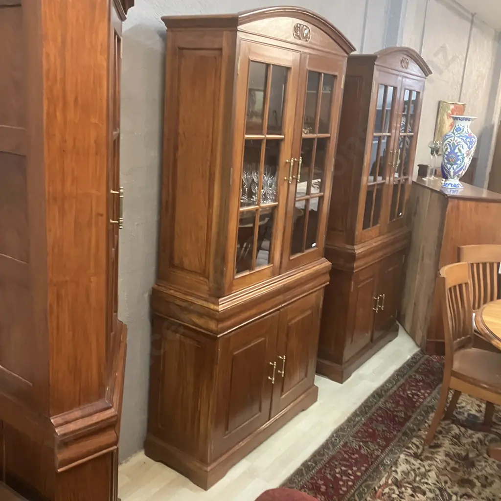Modern Mahogany Glazed Bookcase On Double Door Base, Glass Doors, Domed & Carved Top. 2 Piece H208 W101 D39cm Image 1++
