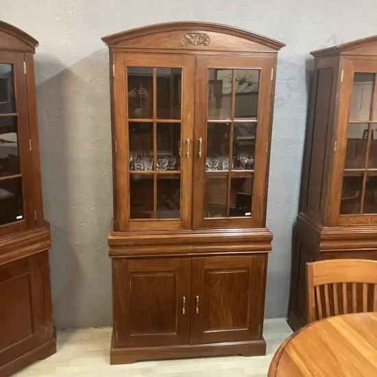 Modern Mahogany Glazed Bookcase On Double Door Base, Glass Doors, Domed & Carved Top. 2 Piece H208 W101 D39cm