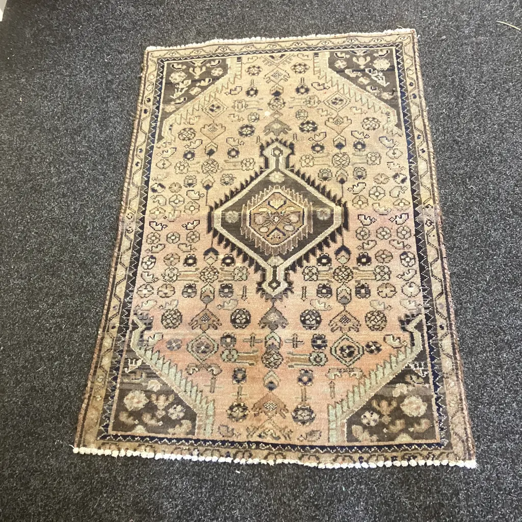 Vintage Persian Floor Rug. 85 x 125cm Black, Green, Tan Tones (Some Paint Damage) Image 1++