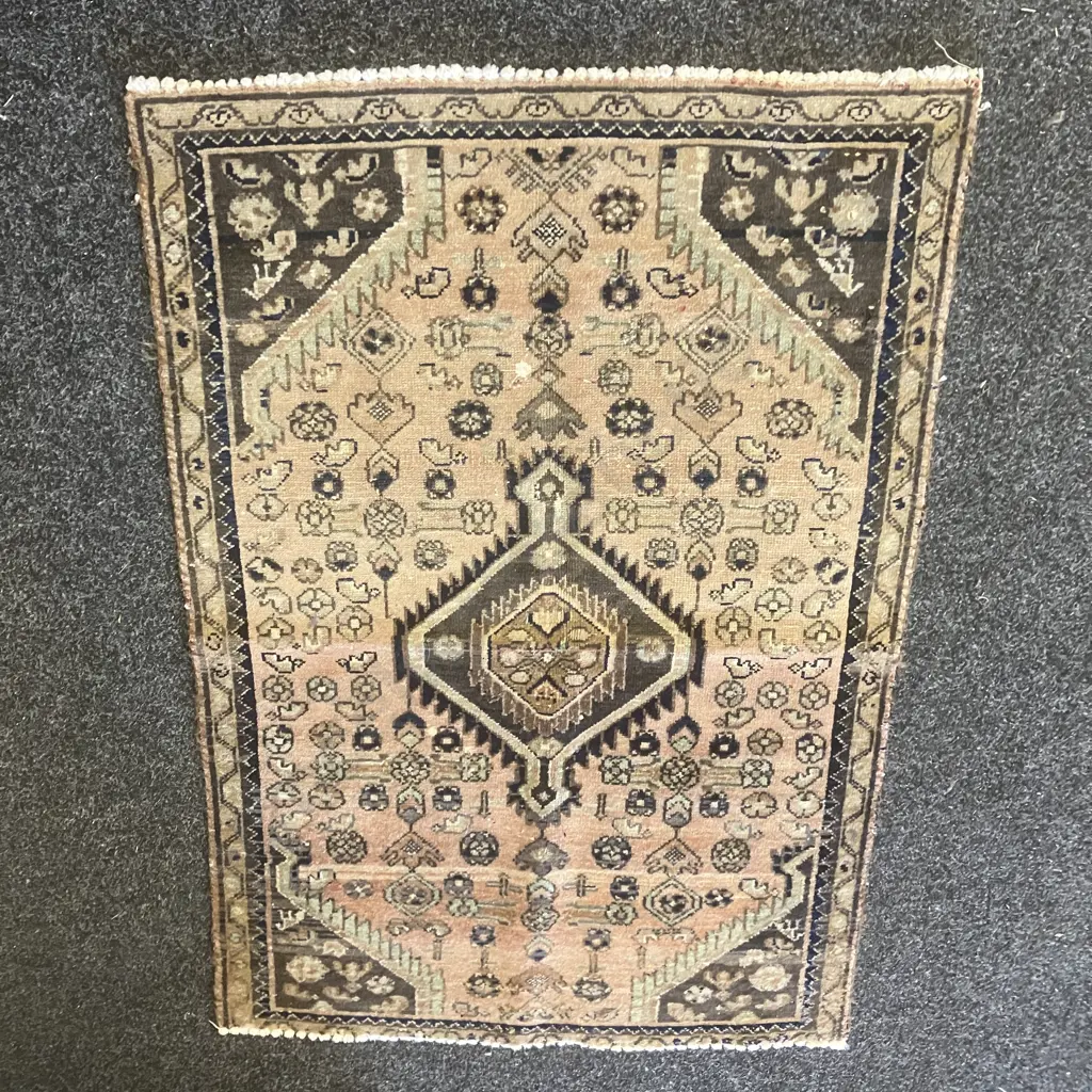 Vintage Persian Floor Rug. 85 x 125cm Black, Green, Tan Tones (Some Paint Damage) Image 1++