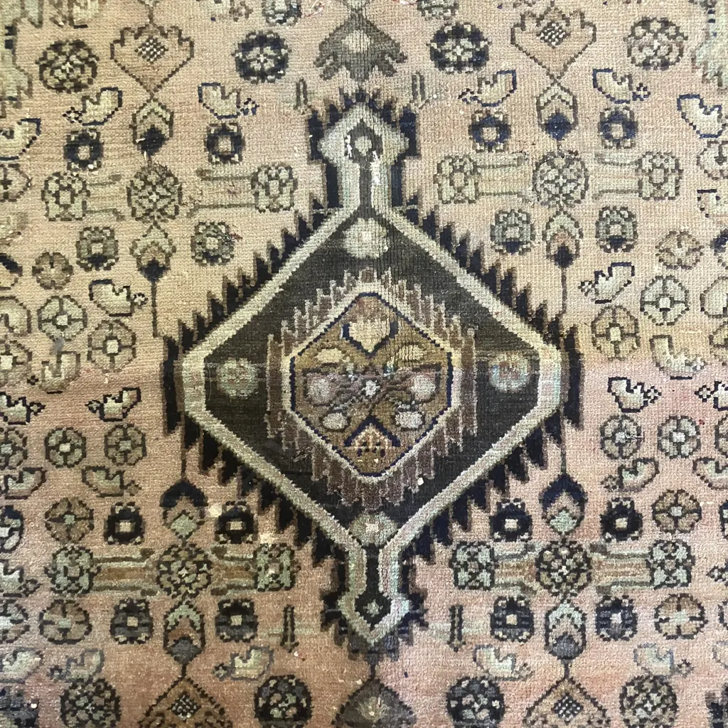 Vintage Persian Floor Rug. 85 x 125cm Black, Green, Tan Tones (Some Paint Damage) Image 1++