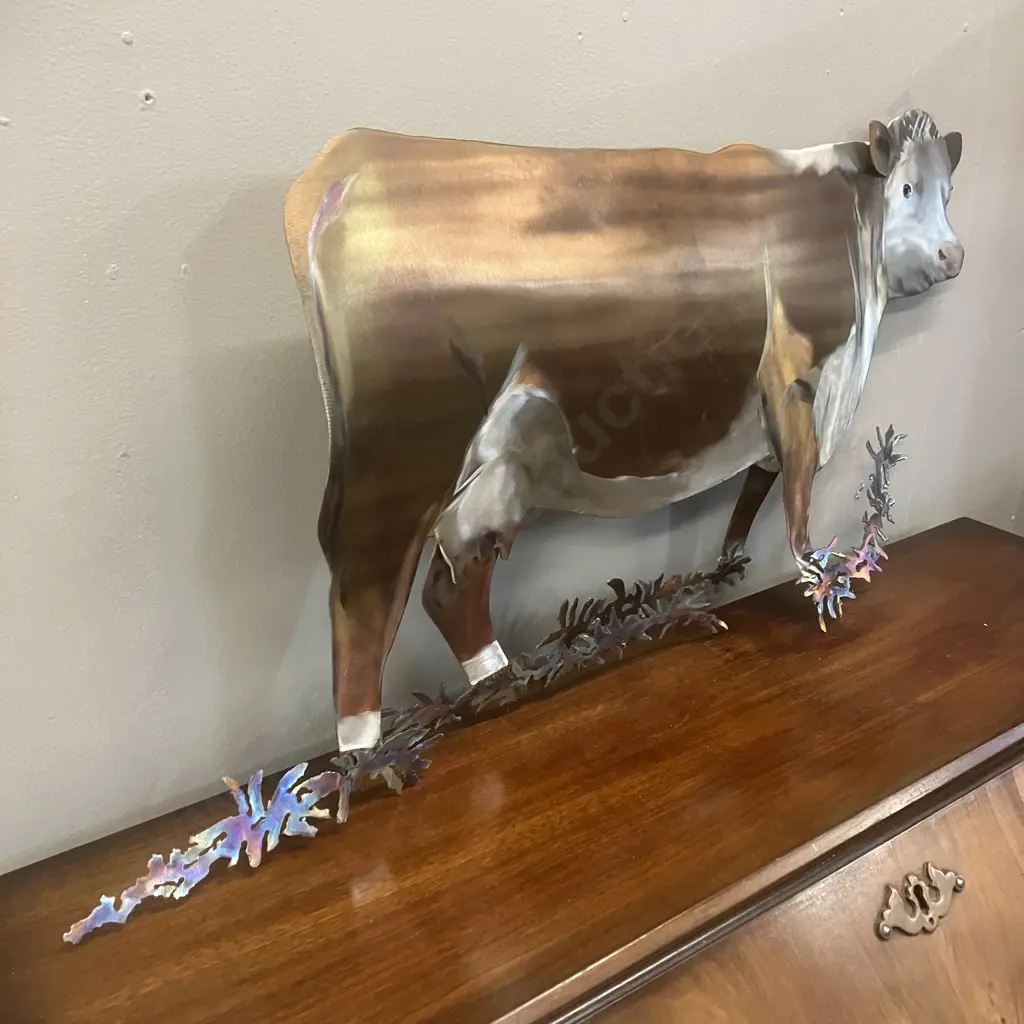 Sculpted Metals Hereford Cow Art Piece by Nathan Whitehead 2017 - Waitakaruru, NZ. 32 x 70cm Image 1++