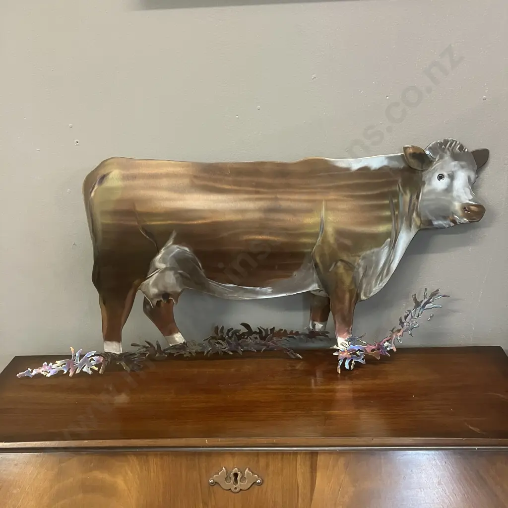 Sculpted Metals Hereford Cow Art Piece by Nathan Whitehead 2017 - Waitakaruru, NZ. 32 x 70cm Image 1++