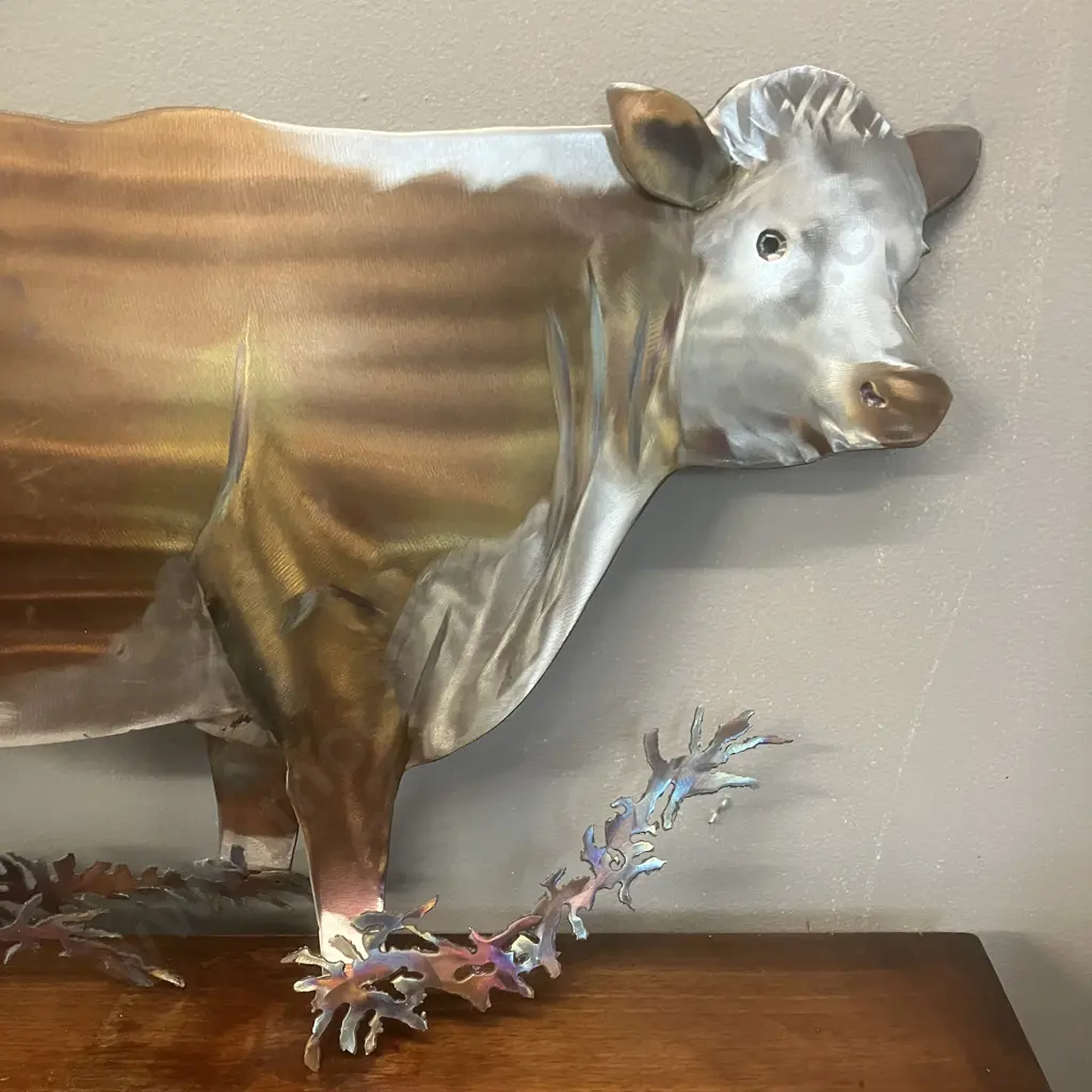 Sculpted Metals Hereford Cow Art Piece by Nathan Whitehead 2017 - Waitakaruru, NZ. 32 x 70cm Image 1++