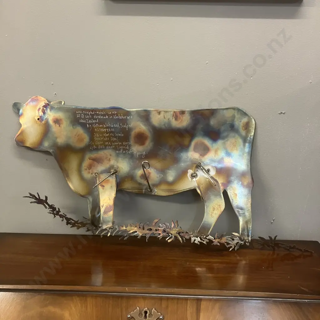 Sculpted Metals Hereford Cow Art Piece by Nathan Whitehead 2017 - Waitakaruru, NZ. 32 x 70cm Image 1++