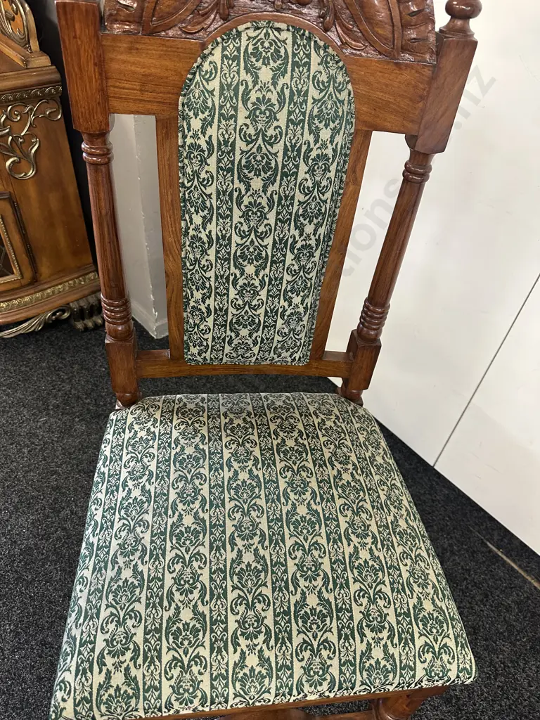 Wooden Ornate Carved Highback Chair Upholstered Back And Seat In Green Floral Detail Image 1++