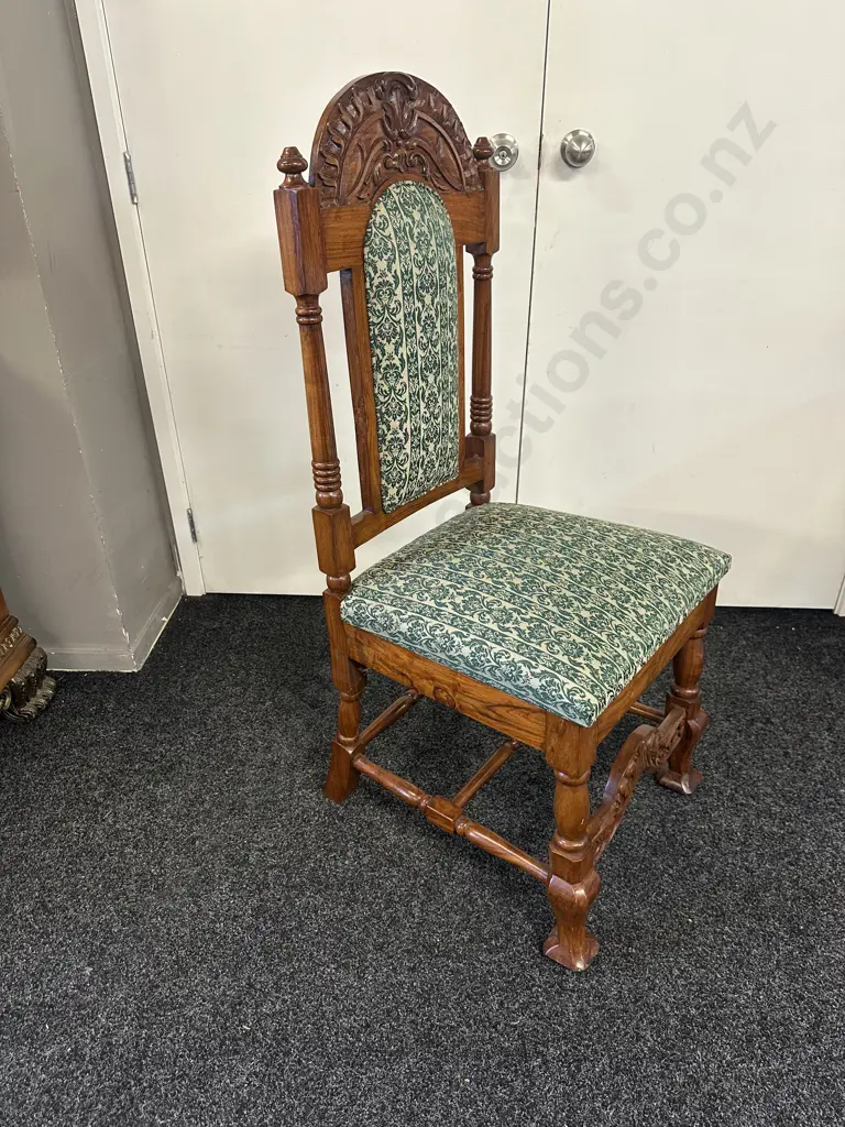 Wooden Ornate Carved Highback Chair Upholstered Back And Seat In Green Floral Detail Image 1++