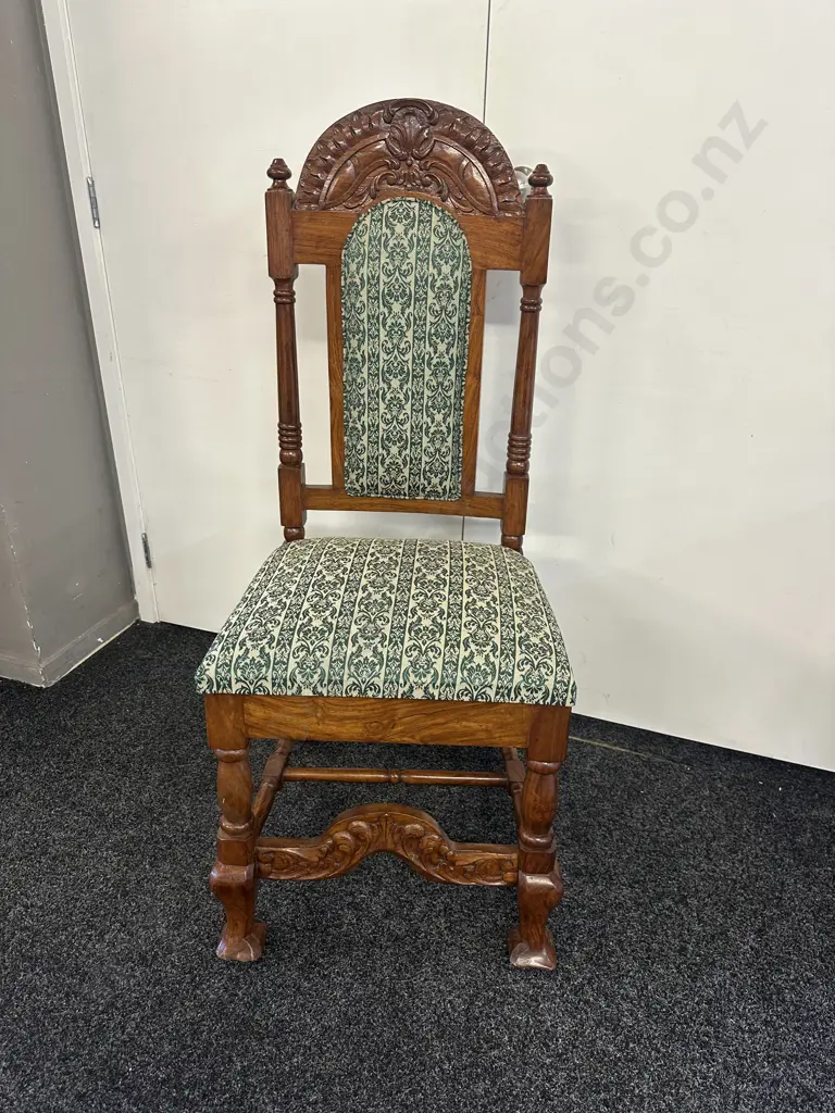 Wooden Ornate Carved Highback Chair Upholstered Back And Seat In Green Floral Detail Image 1++