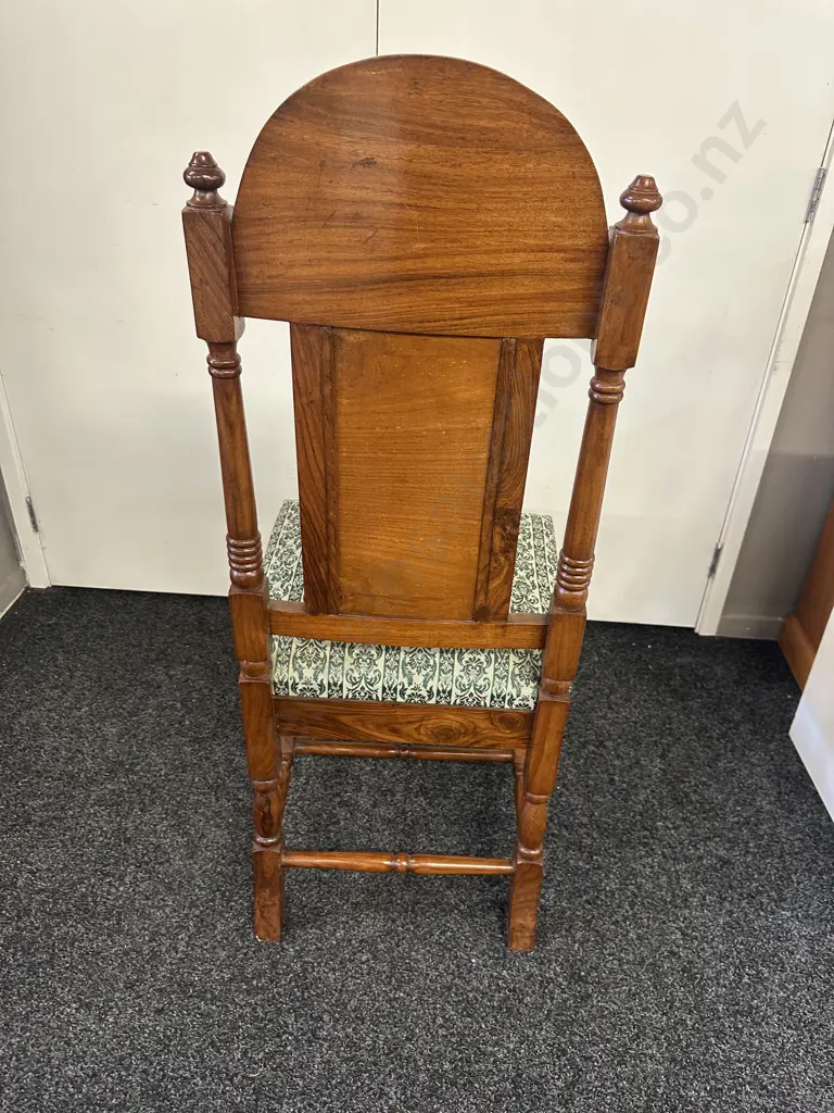 Wooden Ornate Carved Highback Chair Upholstered Back And Seat In Green Floral Detail Image 1++