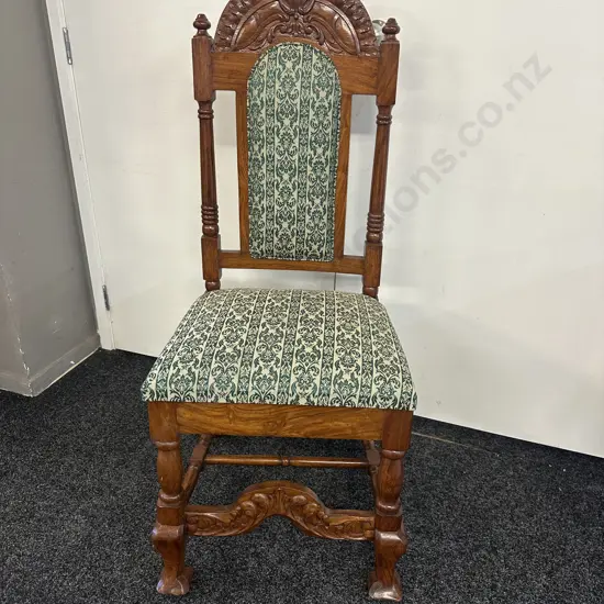 Wooden Ornate Carved Highback Chair Upholstered Back And Seat In Green Floral Detail