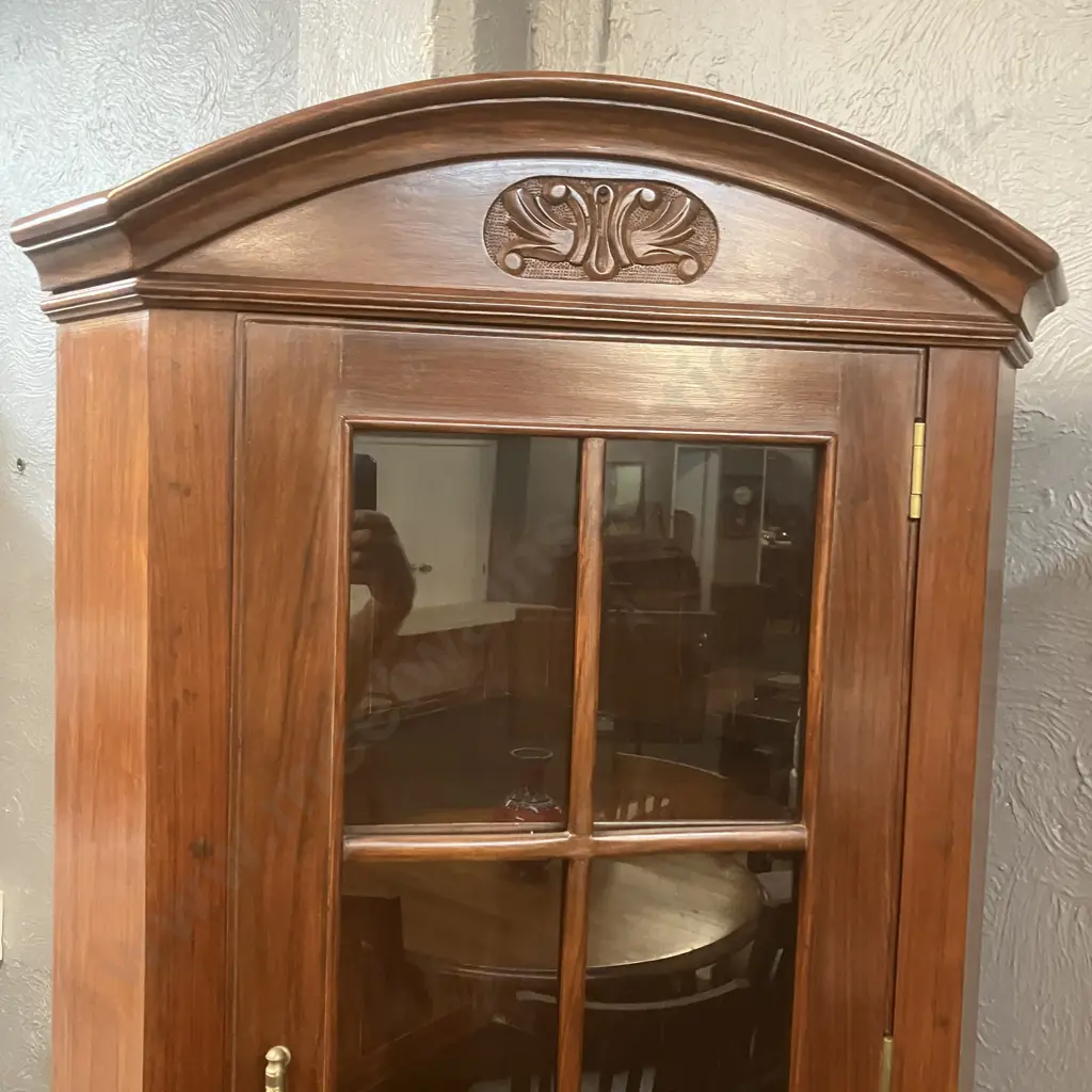Modern Mahogany Curio / Display Corner Cabinet, Glass Door, Domed & Carved Top. 2 Piece H205 W77 D52cm Image 1++