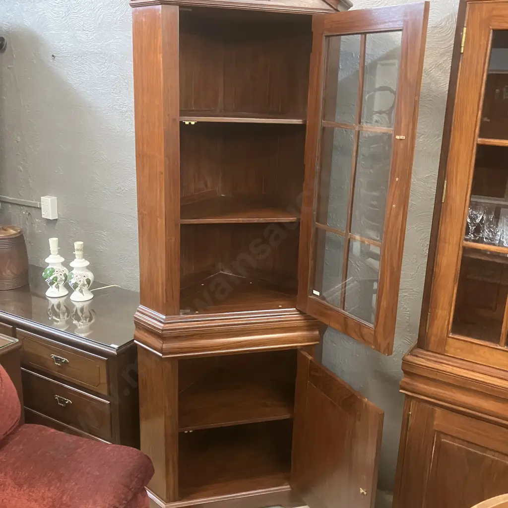Modern Mahogany Curio / Display Corner Cabinet, Glass Door, Domed & Carved Top. 2 Piece H205 W77 D52cm Image 1++