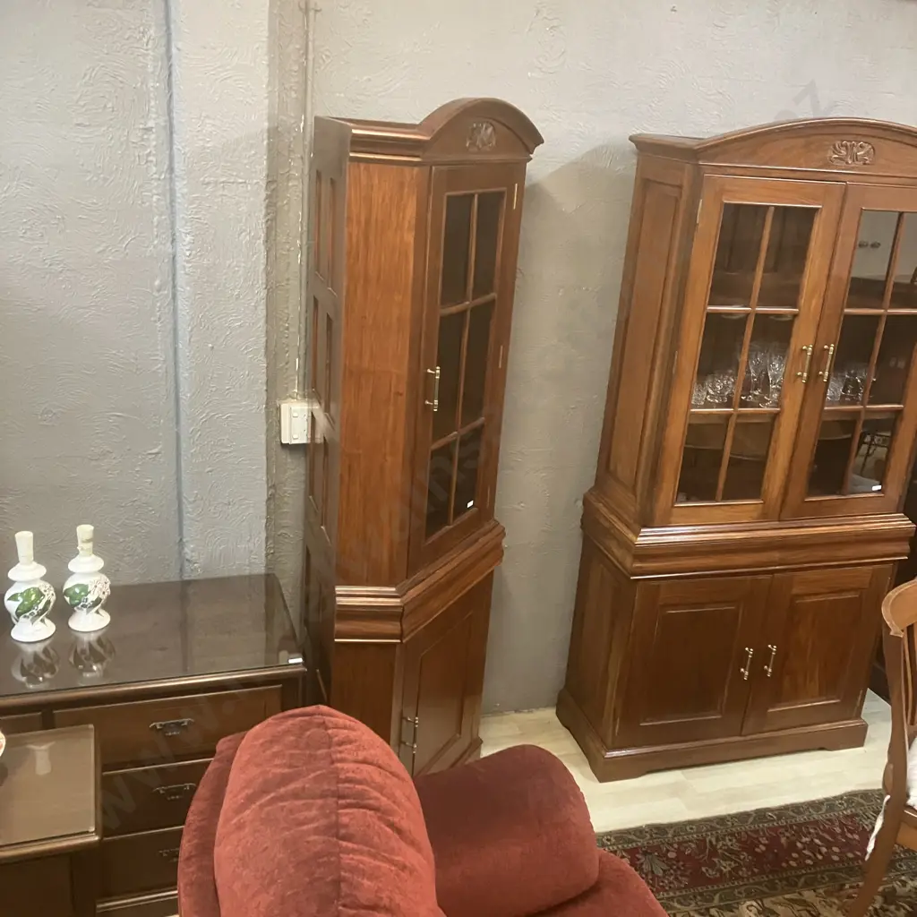 Modern Mahogany Curio / Display Corner Cabinet, Glass Door, Domed & Carved Top. 2 Piece H205 W77 D52cm Image 1++