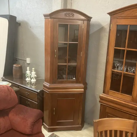 Modern Mahogany Curio / Display Corner Cabinet, Glass Door, Domed & Carved Top. 2 Piece H205 W77 D52cm